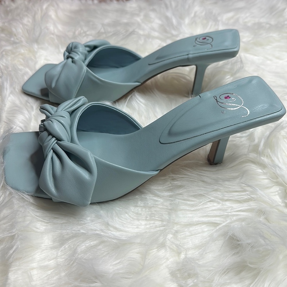 NEW Light Blue Knotted Bow Square Open Toe Mules Slip On Heel Sandals Shoes